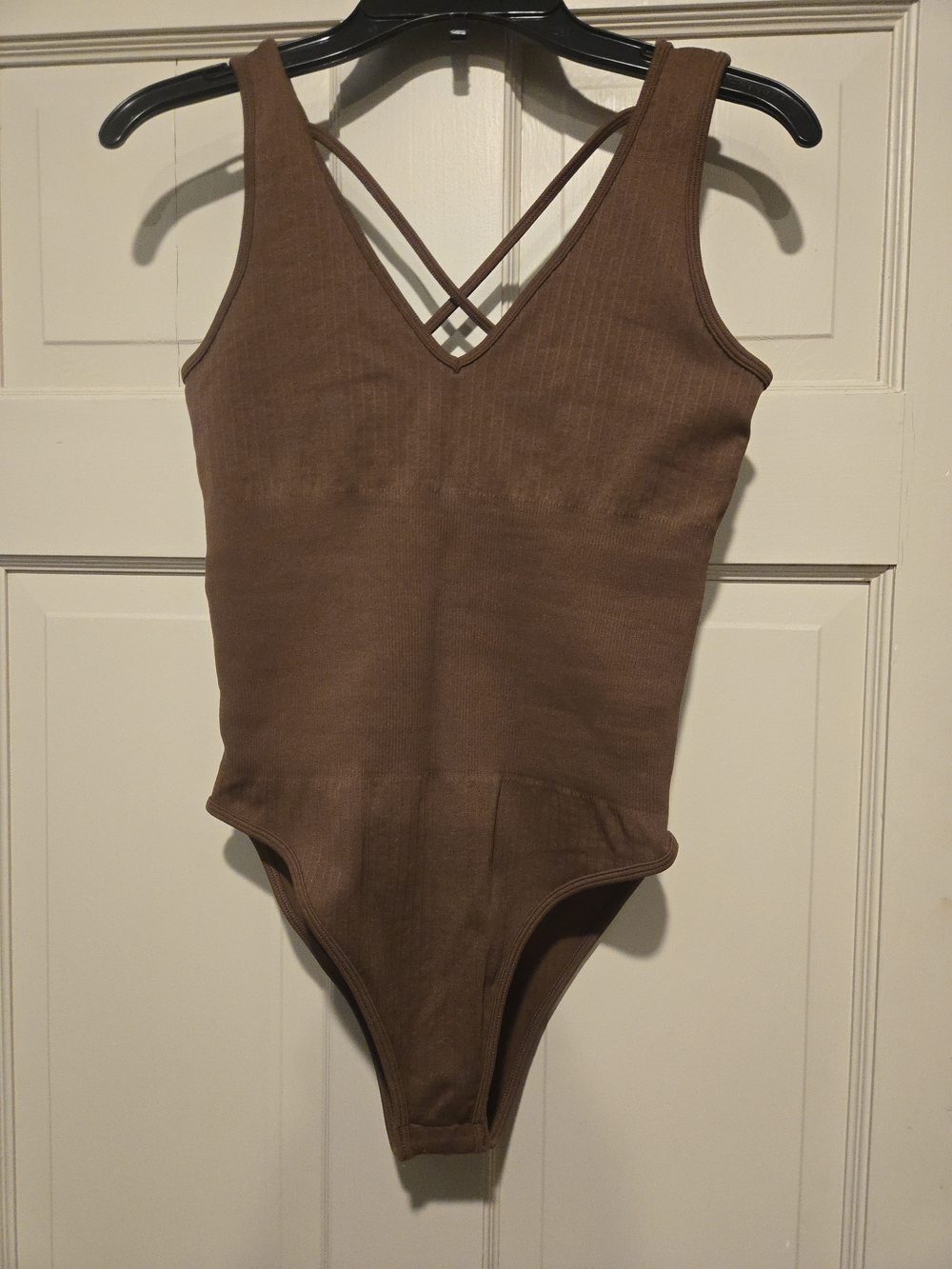 Girls Ribbed Crossback One-Piece Bodysuit in Brown